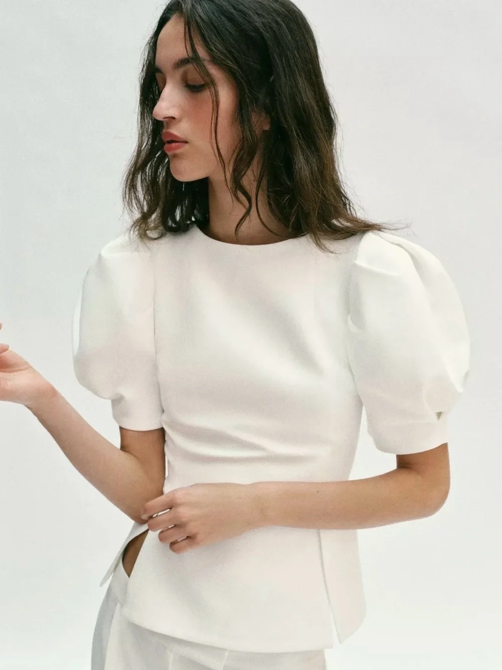 Zara White Puff Sleeve Crewneck Top